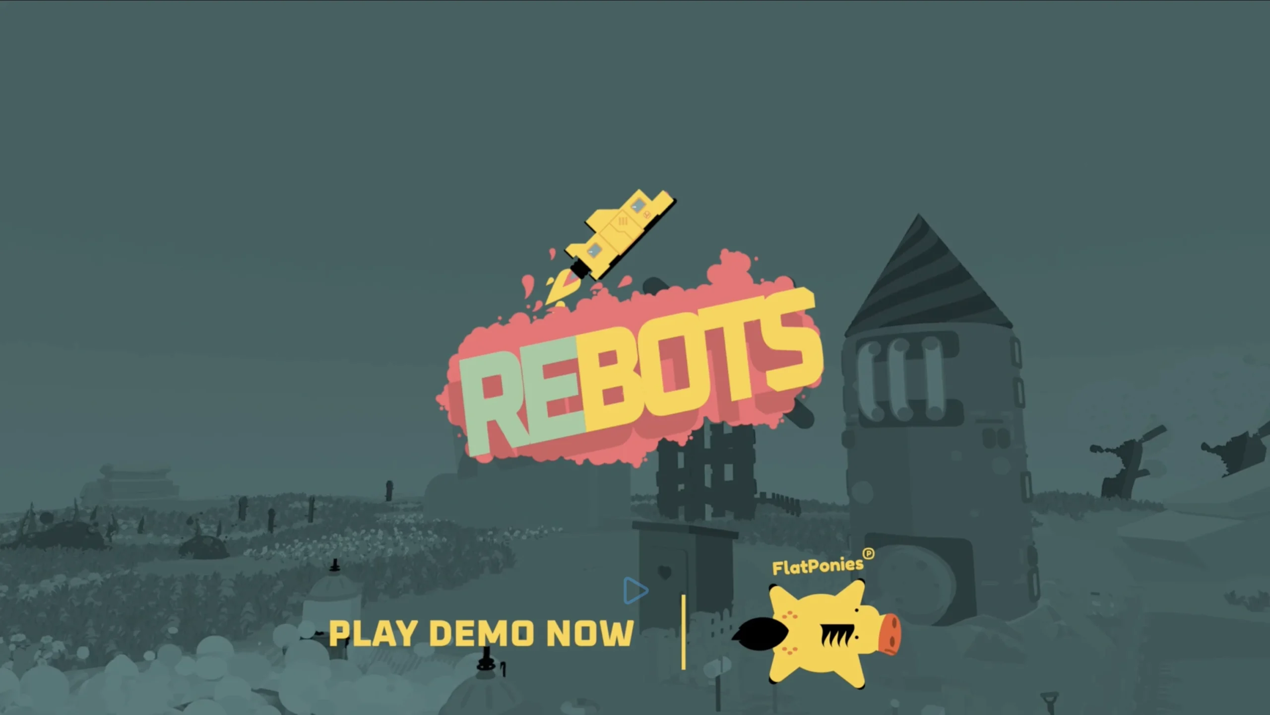 Rebots game trailer title sequence with logo, call-to-action and game studio